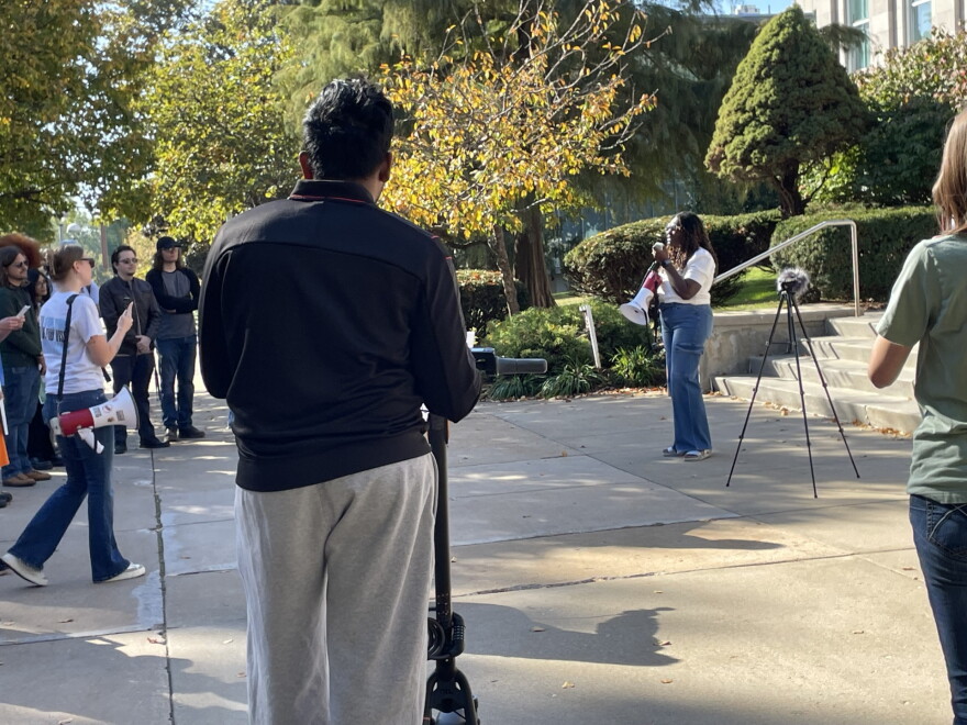 Pearl Essel speaks in front of Carrington Hall at Missouri State University in Springfield, Mo. on October 28, 2026.