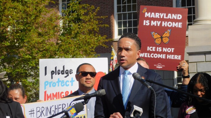 Sen. Will Smith speaks at a We Are CASA rally in support of the Community Trust Act on Friday outside the Maryland State House in Annapolis, Md.