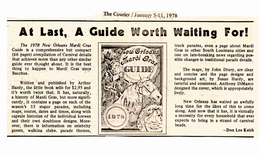Courier Review article about Arthur Hardy's first Mardi Gras Guide, 1978