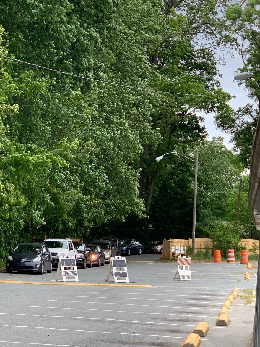 Cars lined up for meals before the beginning of the Islamic Center of Charlotte's Ramadan drive-thru service, April 29 2020.