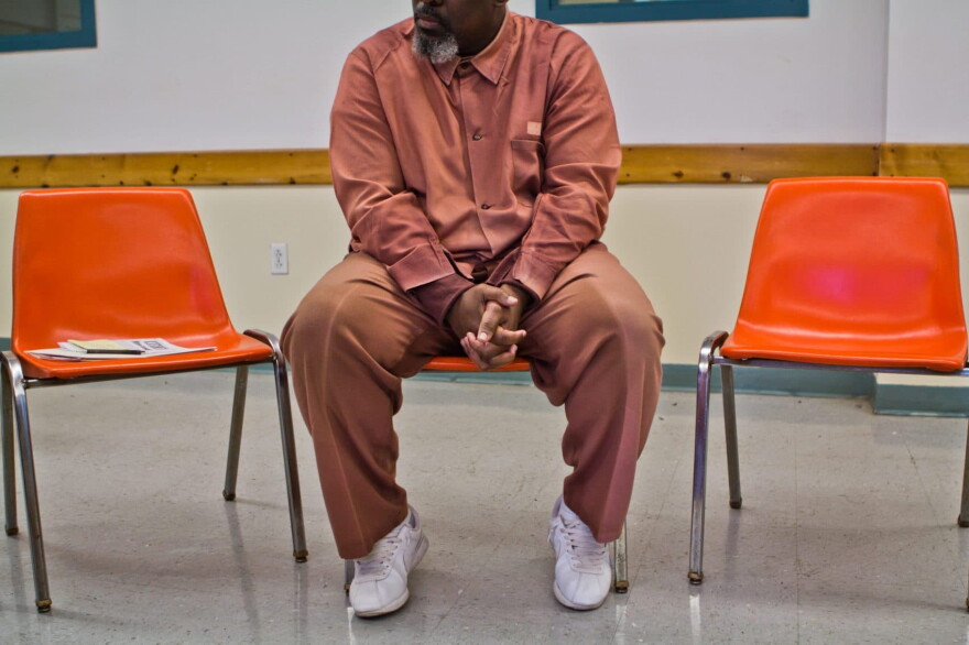 A FACT member at a meeting inside Graterford State Prison. (Kimberly Paynter/WHYY)