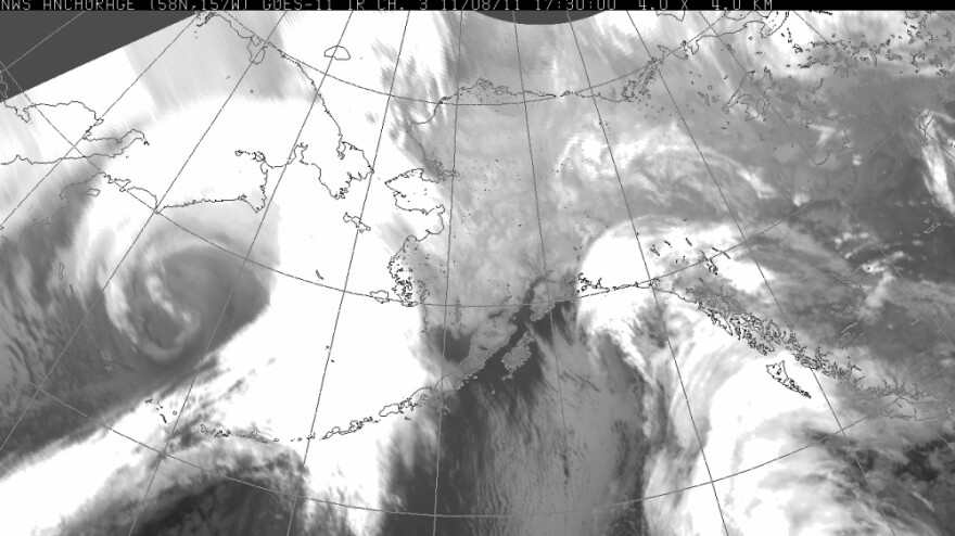 A massive storm brews off the west coast of Alaska.