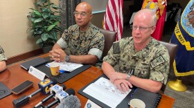 US Navy Adml. Daryl Caudle, commander of Fleet Forces and US Marine LtGen Brian Cavanaugh, Commanding General, Fleet Marine Force, Atlantic announce Large Scale Exercise at Fleet Forces Headquarters. July 7, 2023. Steve Walsh