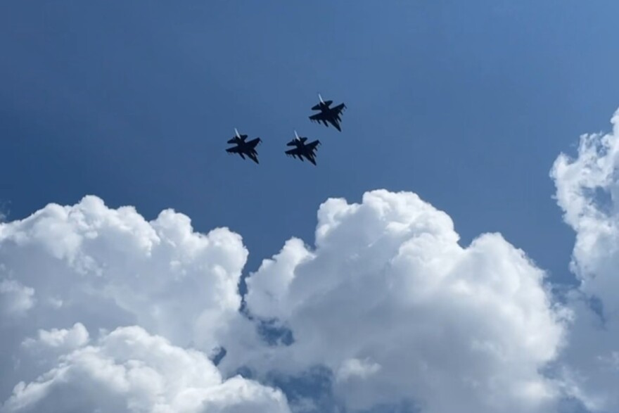 A Sept. 2, 2023 photo of the jets flying over Memorial Stadium. Military aircraft have different requirements for their engines compared to civilian planes.