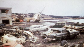 Tsunami damage along the Kodiak waterfront after the 1964 Alaska earthquake.