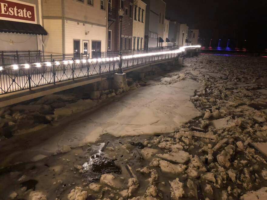 Ice accumulation on the Grand River between West BridgeStreet and West Grand River Avenue in Portland, Michigan, in early 2019.