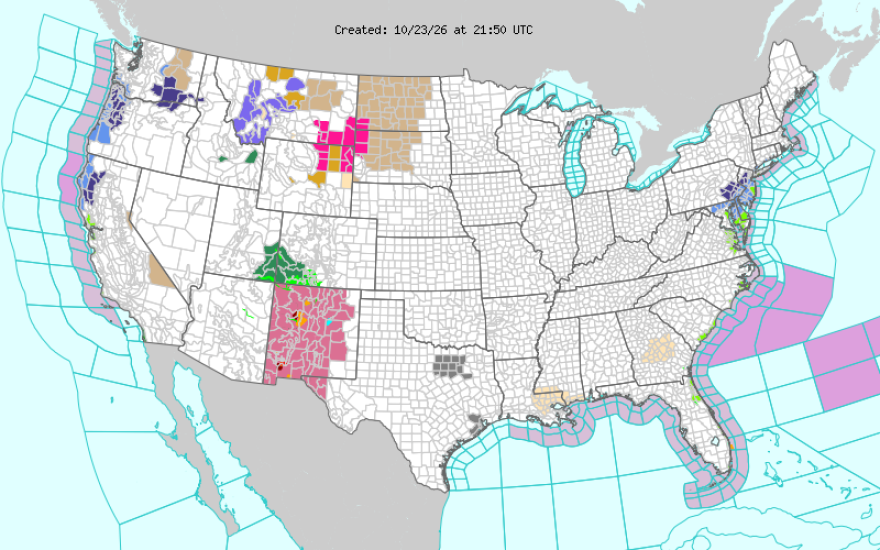 A map shows much of the Four Corners region — southeastern Utah, southwestern Colorado, northwestern New Mexico and northeastern Arizona — was under a flood watch, flood warning or severe thunderstorm advisories on Friday, Oct. 23, 2026.