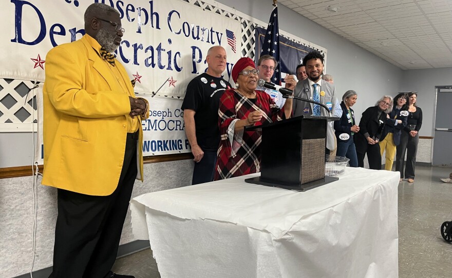 Gladys Muhammad rallies Democrats Monday at their Dyngus Day event at M.R. Falcons in South Bend.