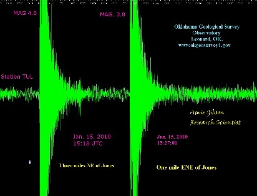 Two quakes near Jones, ten minutes apart as shown on OU equipment at Leonard.
