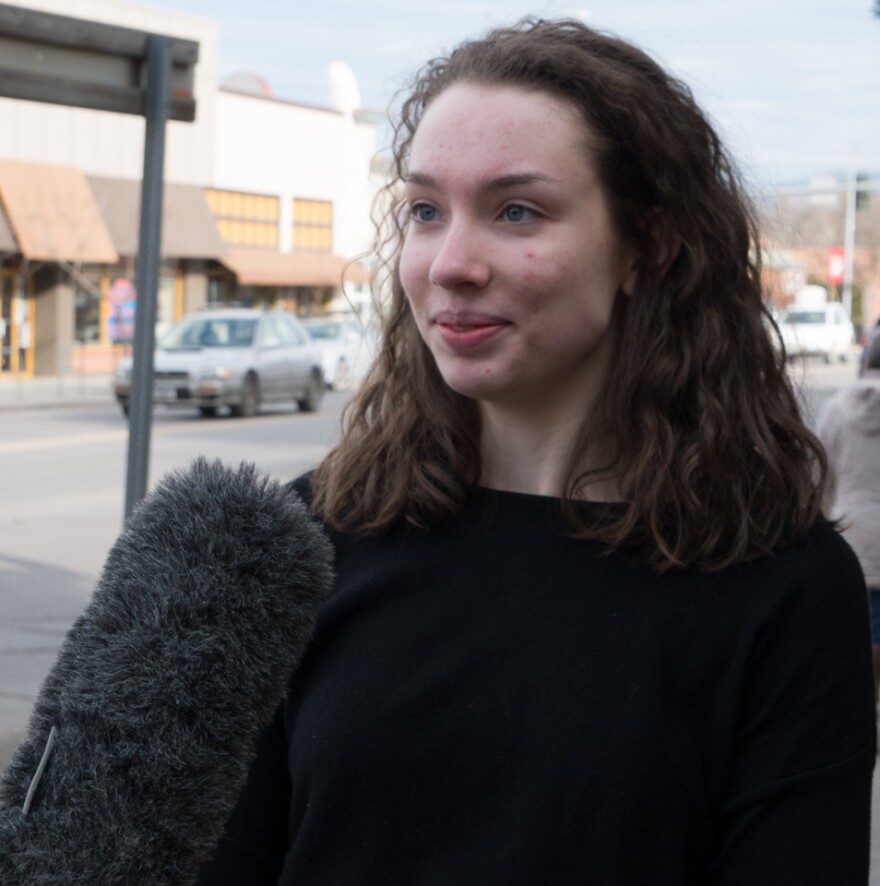 Hellgate High student Mollie, one of the organizers of that school's walkout over gun violence, talks to a reporter after observing a moment of silence for the Parkland shooting victims, March 14, 2018, in Missoula.