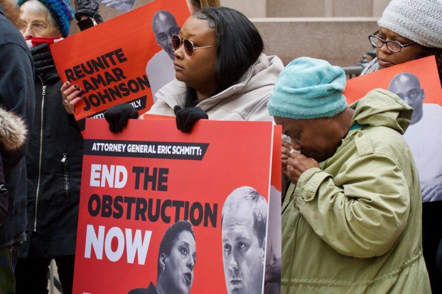  Lamar Johnson’s sister Candace Crisp and his mother Mae Johnson braved the cold to bring attention to Johnson’s case on Dec. 10, 2019, in front of the Old Post Office downtown. A group of about 25 community leaders and residents, organized by Color Of Change and Organization for Black Struggle, demonstrated outside of Missouri Attorney General Eric Schmitt’s office to demand that he stop trying to block a new trial for Lamar Johnson. 