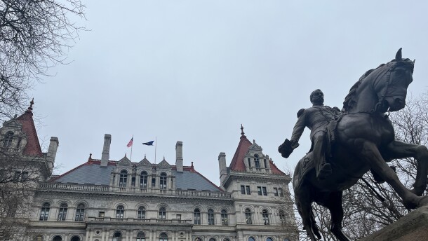 The sculpture of General Philip Henry Sheridan, dedicated in 1916, stands out front of the New York state capitol building in Albany.
