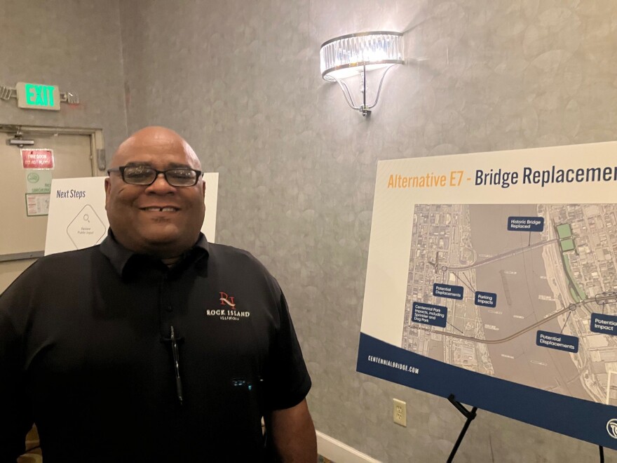 Glen Evans, Rock Island's 1st Ward alderman, at the Centennial Bridge study open house Wednesday, May 20, at the Rock Island Holiday Inn.