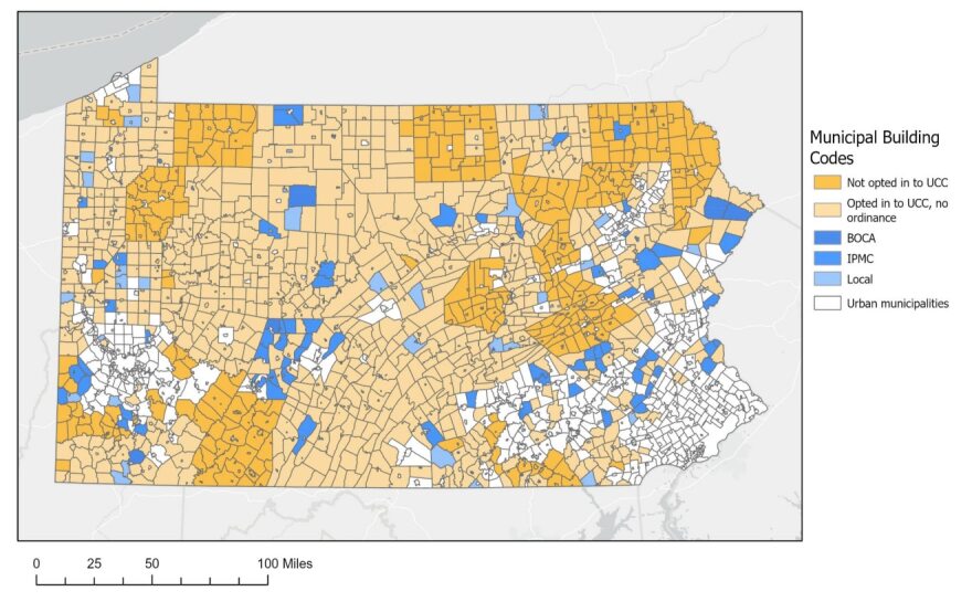 Map of municipal building and property maintenance codes in Pennsylvania.