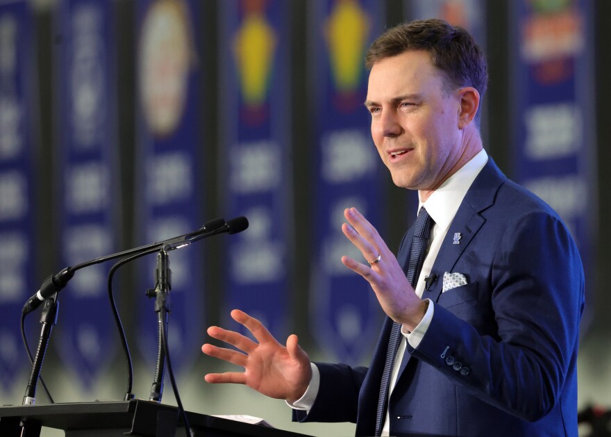 Kentucky's new head football coach Will Stein speaks to the media and supporters after his introduction during an NCAA college football news conference, Wednesday, Dec. 3, 2025, in Lexington, Ky. (AP Photo/James Crisp)