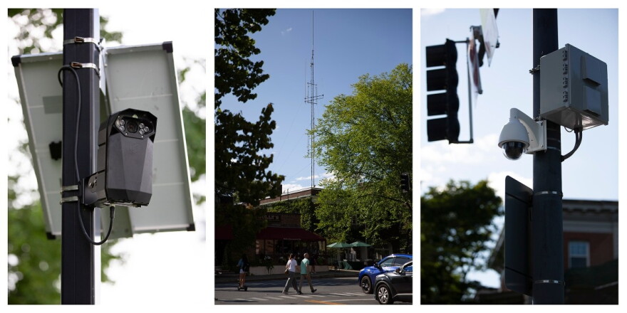 From left, security cameras are hung outside of the VA medical center in White River Junction, Vt., on top of Hanover Town Hall and on the green in Hanover, N.H. All three have been reported on DeFlock, a crowdsourced map dedicated to tracking automated license plate readers. (Valley News photo)