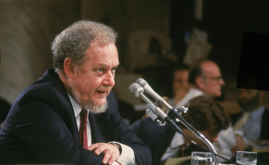 Supreme Court nominee Judge Robert Bork testifies on the fourth day of his Supreme Court confirmation hearing in Washington, DC, in 1987. Nominated by President Reagan, Bork was ultimately rejected by the Senate.