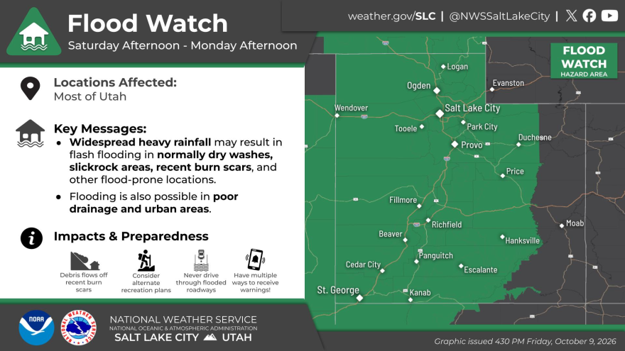 A map showing most of Utah in green under flooding advisory. 