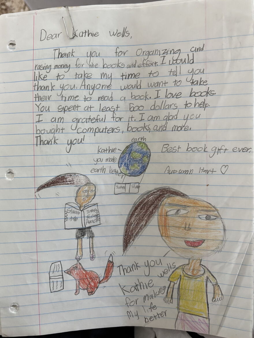 A thank you note from 2016, written by an elementary school student on Oʻahu thanking Kathie and the rest of the CHS volunteers for their donation.