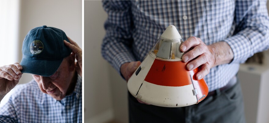 Chuck Lowry keeps Apollo memorabilia, both old and new, in his home. (Left) Lowry adjusts a cap commemorating the 50th anniversary of Apollo 11. (Right) Lowry holds a model of a prototype command module.