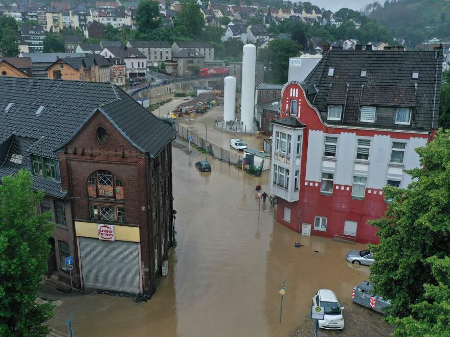 An aerial view taken on July 14, 2021 shows the flooded center of the city of Hagen, western Germany, after heavy rain hit parts of the country, causing widespread flooding.