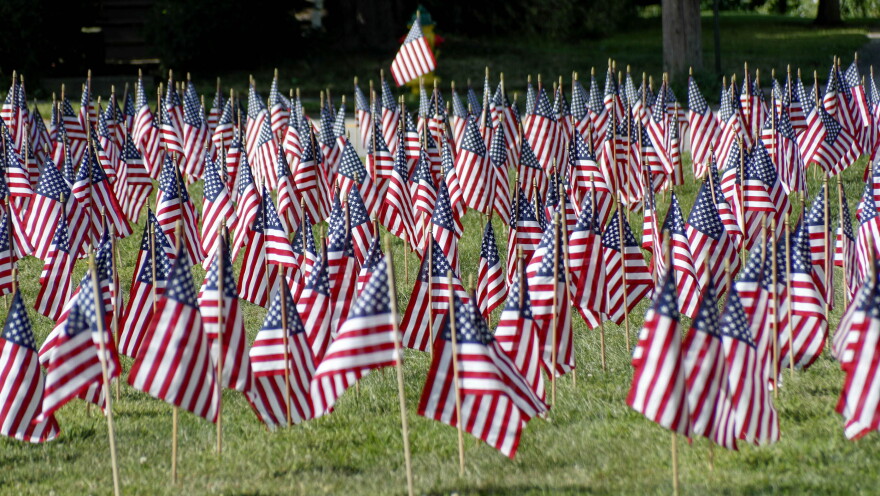 Some of the 660 American flags on display are seen on the church lawn of St. Peter's Reformed Church, Friday, Aug. 30, 2019, in Zelienople, Pa. Each flag illustrate the number of veterans that commit suicide a year. 