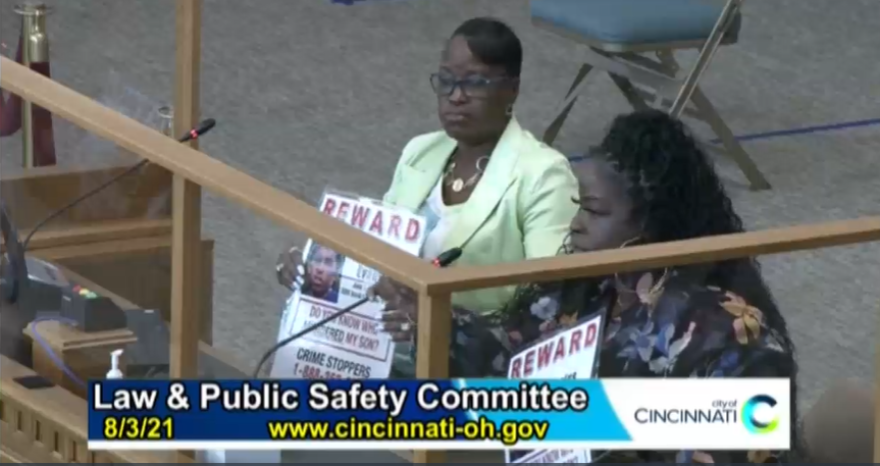 Lavonda Evans and her mother address the Law and Public Safety Committee Tuesday after her son, 16-year-old son Ladarius Evans, was killed while planning a birthday party for a friend in Walnut Hills in June.