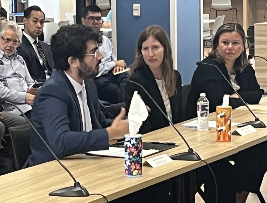 Daniel Hatoum, Senior Supervising Attorney with the Texas Civil Rights Project, speaks on a panel at the People's Hearing on Immigration Enforcement in San Antonio. 8/4/2026.