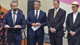 Former San Antonio Mayor Ron Nirenberg calls on San Antonians to pass Propositions A&B on Nov. 4. Standing to his left is Gilbert Gonzales, the president and CEO of the San Antonio Board of Realtors, Jeff Webster, the president and CEO of the Greater San Antonio Chamber of Commerce, and longtime former San Antonio Mayor and County Judge Nelson Wolff