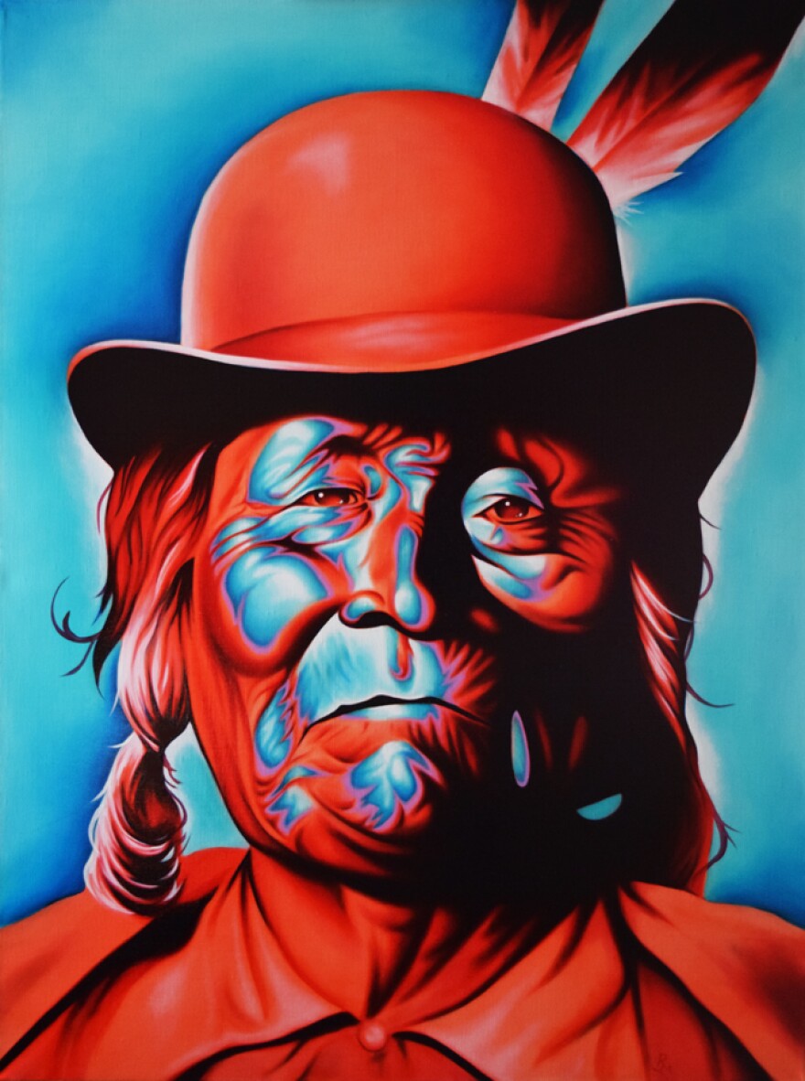 A painting by artist Robert Martinez titled “Hatter,” which is made with airbrushed acrylic and oil on linen. 40in x 30in.