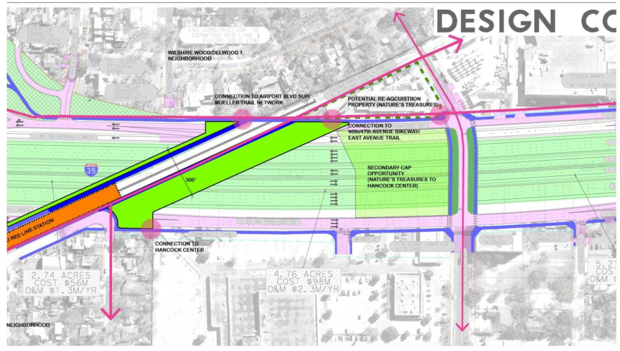 An overhead schematic showing proposed smaller decks over I-35 near the Hancock Center.