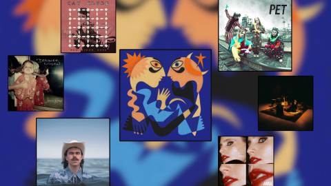 A collage of seven artworks for albums and songs over a blurry blue background. In the middle the largest square has abstract orange people that resemble sun and moon hugging. In two smaller squares there is a man in a cowboy hat in water, only his head is above water. The other has four women dressed as clowns sitting on a train track. In four even smaller squares is a young child in pajamas, a white grid over a pink background, a dimly lit stage with instruments, and four images of the same women's face.