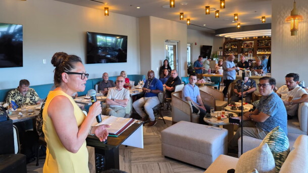 Delegate Kimberlyn King-Hinds speaking at Rotary Club of Saipan Tuesday.