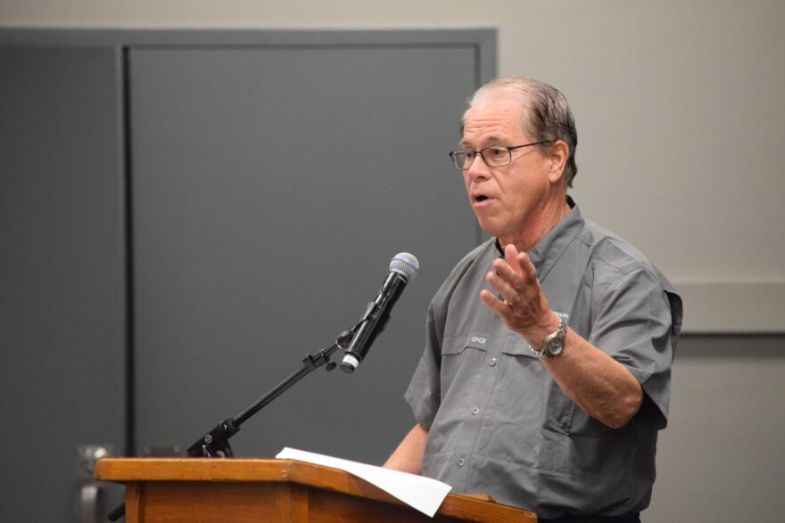 U.S. Sen. Mike Braun addresses an Indiana State Fair event on Aug. 2, 2024. (Casey Smith/Indiana Capital Chronicle)