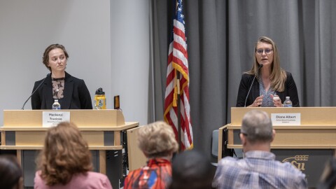 Mackenzie Truelove, left, and Diane Albert, are running against each other for a spot on the Wichita School Board and the two took part in a candidate forum at Wichita State on Tuesday night.