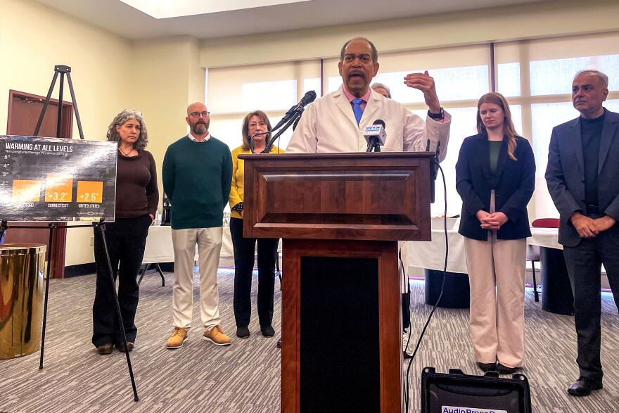 Dr. Mark Mitchell speaking at a press conference at the Legislative Office Building in Hartford about the impacts of climate change on health March 25th 2026.