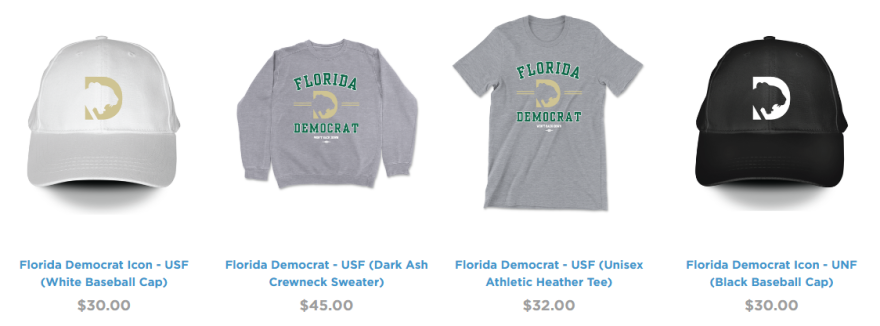 The Florida Democratic Party sells merchandise branded with their name and other items encouraging people to vote.