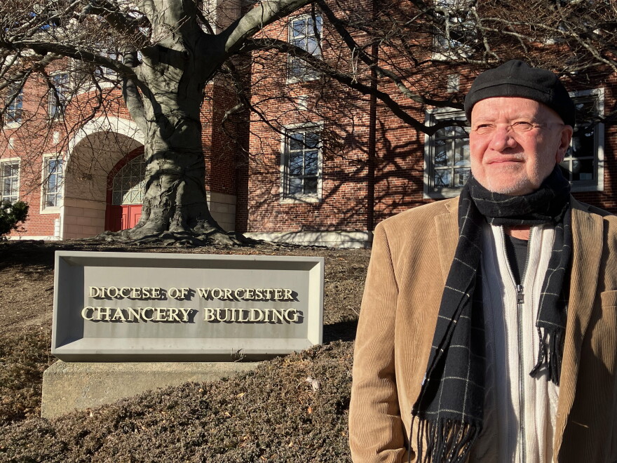Skip Shea, a survivor of abuse, stands in front of the Worcester Diocese Chancery on January 10, 2025, in a file photograph.