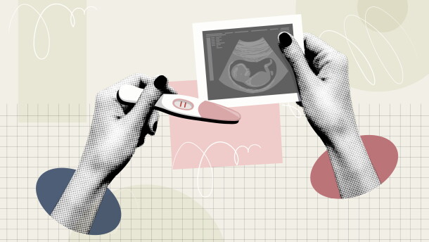 Illustration of one hand holding ultrasound picture and another hand holding an over-the-counter pregnancy test strip.
