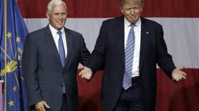 Indiana Gov. Mike Pence joins Republican presidential candidate Donald Trump at a rally in Westfield, Ind., Tuesday, July 12, 2016.