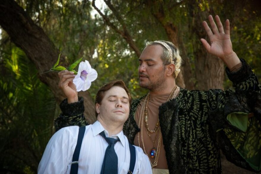 Dane Olivern (left) plays Demetrius and Seta Waininqolo plays Oberon in the Kingsmen Shakespeare Festival’s production of A Midsummer Night’s Dream now though through July 5.