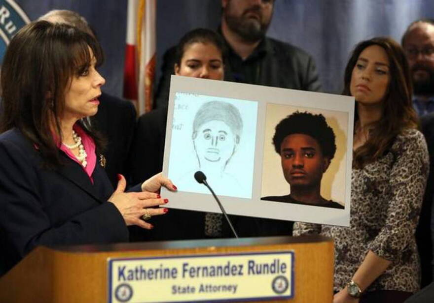 Miami-Dade State Attorney Katherine Fernandez Rundle holds a sketch and photo of the teenager arrested for the murder of Rabbi Joseph Raksin during a press conference on Dec. 9, 2015. 