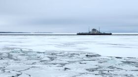 A ferry on an icy lake
