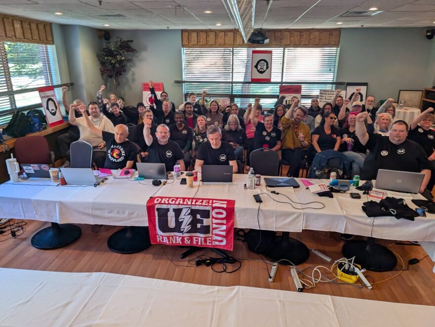 Members of the United Electrical Workers Union in Williamsburg, Kentucky, assemble for a meeting.
