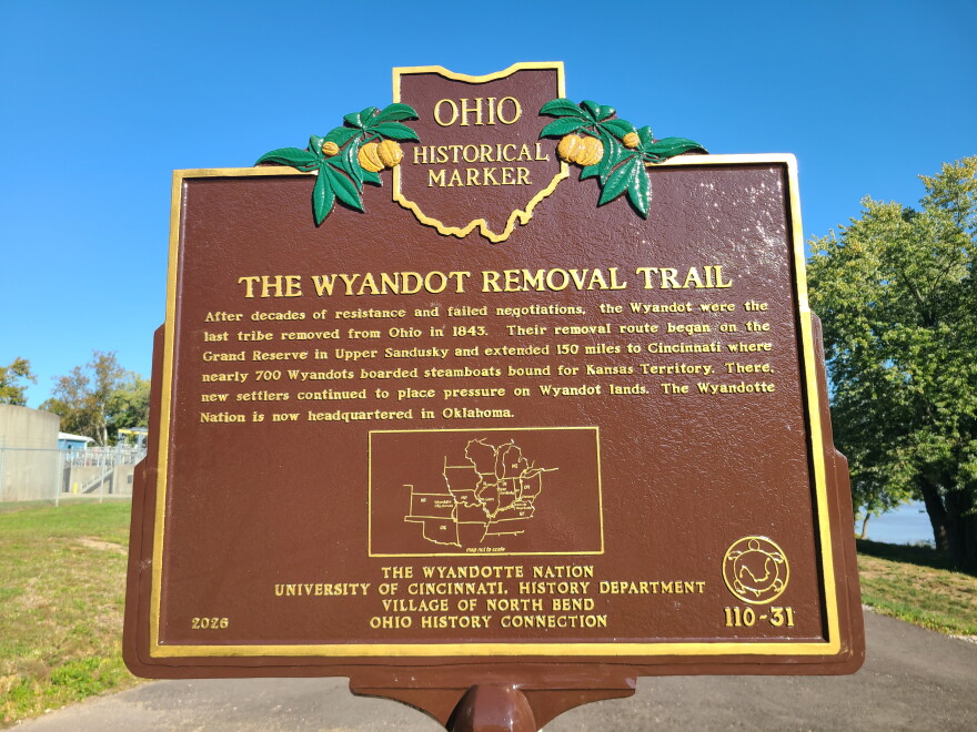 brown historical marker sign with title: The Wyandot Removal Trail