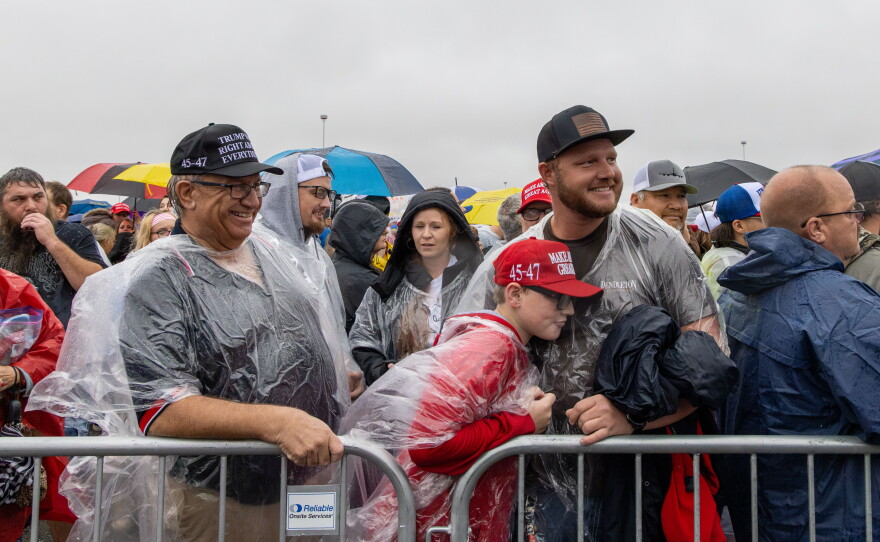 Attendees braved persistent rain at a Donald Trump Rally in Durant on Oct. 1, 2026.