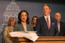 House Minority Leader Lisa Demuth and Senate Minority Leader Mark Johnson spoke at a press conference shortly after the legislative session ended on May 20, 2024. The GOP leaders denounced the 1,400 page omnibus bill, which they displayed on the podium and was passed by the Democratic majority in the closing moments of the 2024 legislative session.