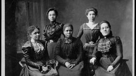 Five women from Newport's Women's League, a political group, pose for a portrait. The club was founded by a successful dressmaker, Mary Dickerson.