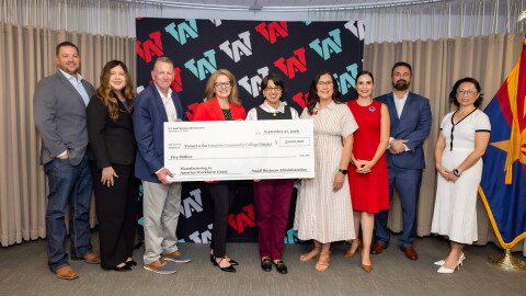 Representatives from the U.S. Small Business Administration presented AWC with a $5M check Monday, Sept. 21. Pictured here, left to right: SBA District Director Corey Wunderlich, AWC Dean of CTE and Nursing Programs Cinthia Reyes, U.S. Rep. Paul Gosar, SBA Associate Administrator Lisa Shimkat, AWC President Dr. Reetika Dhawan, AWC District Governing Board Member Olivia Zepeda, AWC Small Business Development Center Director Crystal Mendoza, AWC Entrepreneurial College Executive Vice President Dr. Shadi Kilani, and AWC Dean of Healthcare Programs Joann Chang.
