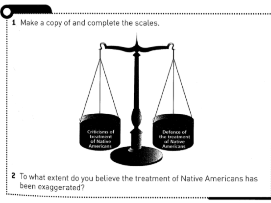 A textbook published by Hodder Education asks students whether treatment of Native Americans was "exaggerated." The textbook is no longer being sold, Hodder said.